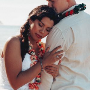 a portrait of bride and groom during Kuaui wedding, Hawaii